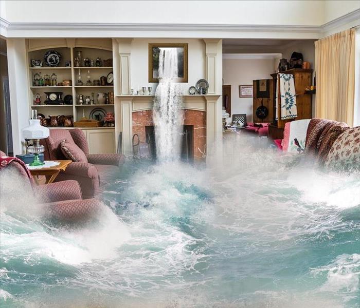 Water rushing into a living room